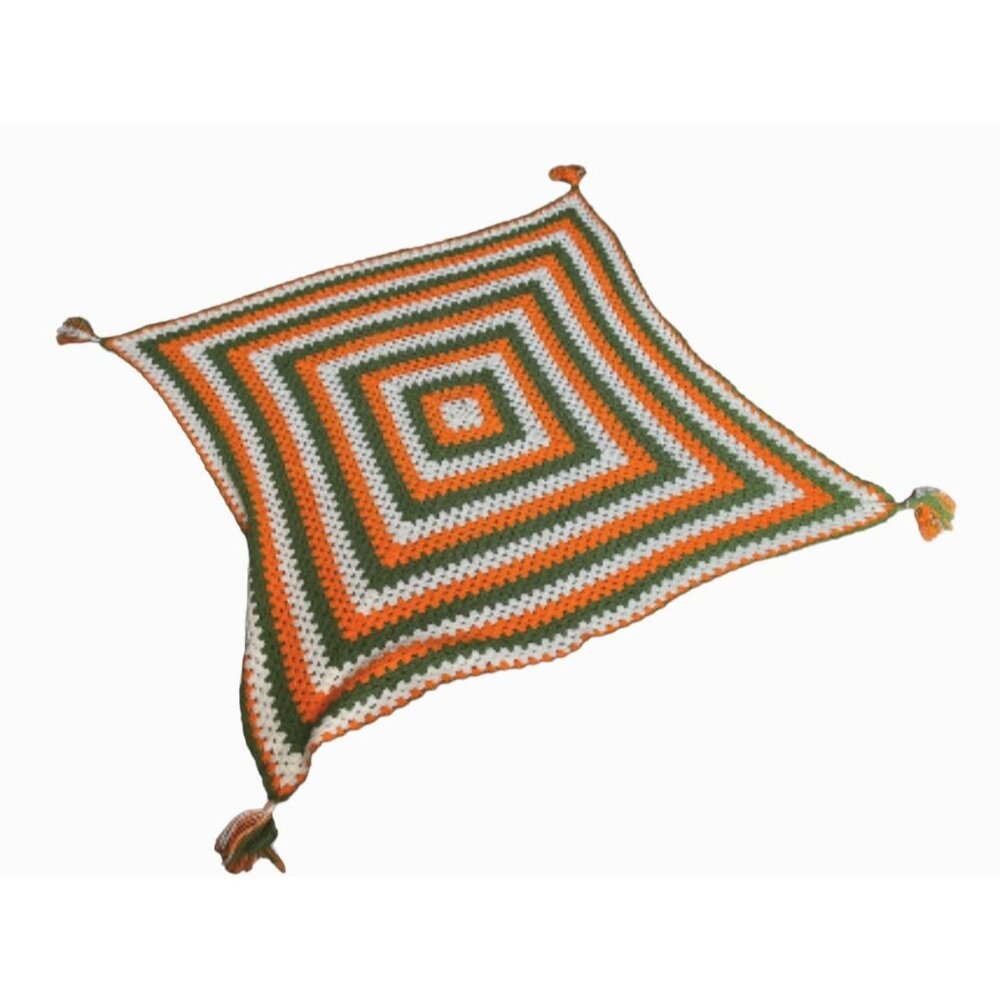 Vintage Crochet Afghan Blanket 64" x 55" Handmade Throw Quilt White Orange Green